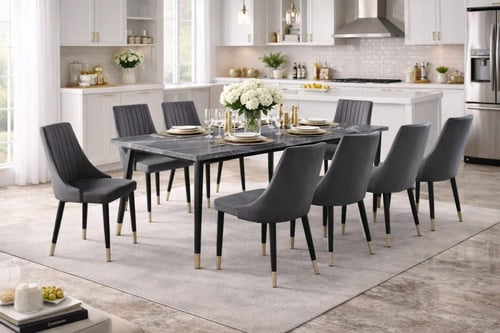 طاولة طعام رخام رمادي مع كراسي مريحة تصميم عصري مق...