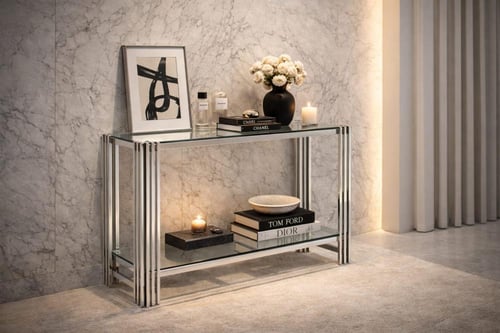 كونسول مدخل فاخر من الستانلس ستيل والزجاج ألوان مت...
