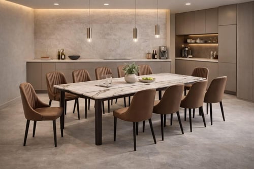 طقم طاولة طعام رخامي بني فاخر مع كراسي مريحة مقاسا...