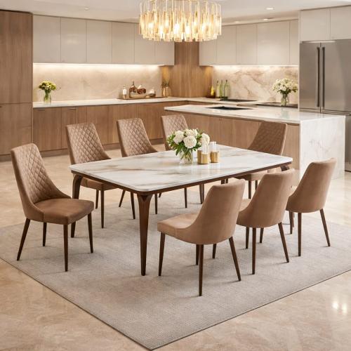 طقم طاولة طعام رخامي بني فاخر مع كراسي مريحة مقاسا...