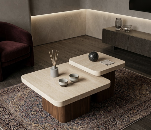 طقم طاولات خدمة بيج وبني قطعتين بتصميم مربع فاخر م...