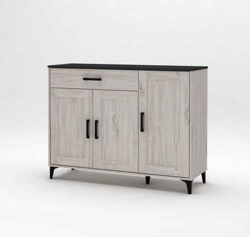 دولاب جزمة بلون خشب أبيض مع سطح أسود بتصميم أنيق م...