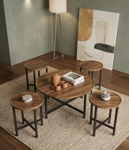 طقم طاولة شاي خشبي مع 4 كراسي تصميم عملي مقاس 90×9...