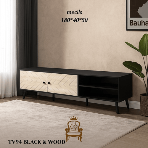 طاولة تلفزيون – تصميم خشبي أنيق باللون الأسود ومقا...