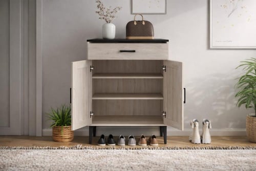 دولاب جزمة بلون خشب أبيض مع سطح أسود بتصميم أنيق م...