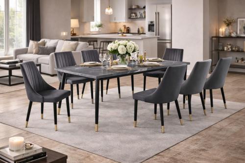 طاولة طعام رخام رمادي مع كراسي مريحة تصميم عصري مق...