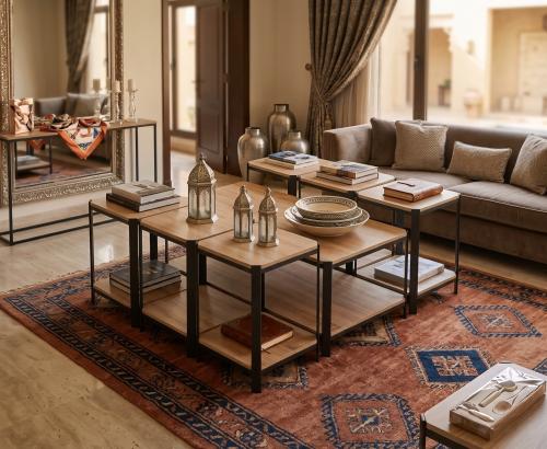 طقم طاولات 1+6 بإطار معدني وسطح خشبي - مقاس 120×60...