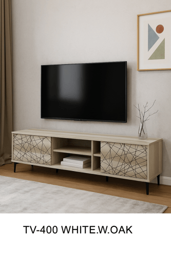 طاولة تلفاز أبيض وخشب البلوط و مقاسات تصميم أنيق