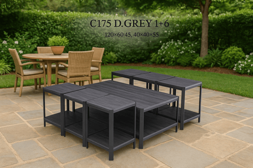 طقم طاولات 1+6 بإطار معدني وسطح خشبي - مقاس 120×60...