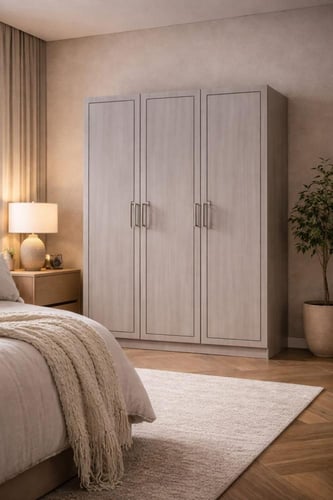 دولاب ملابس خشب رمادي بتصميم عصري ومساحات تخزين مت...