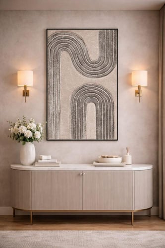 لوحة جدارية هندسية مجسمة بخطوط منحنية بدرجات البيج...