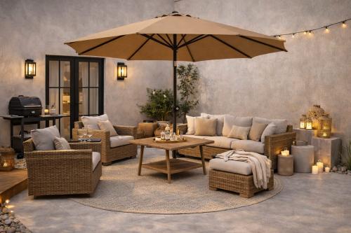 مظلة خارجية دائرية 300×285 سم لون جملي – تصميم عمل...