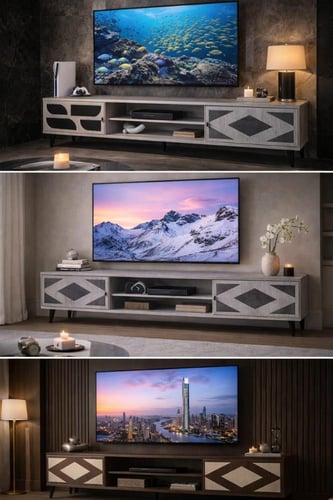 طاولة تلفزيون خشبية بتفاصيل هندسية أنيقة ألوان و ا...