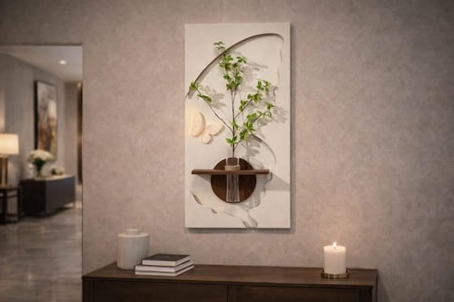 ديكور جداري فني مع رف خشبي ولمسة طبيعية