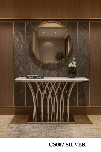 كنسول رخام فضي فاخر ستانلس ستيل طاولة صالة أنيقة ح...