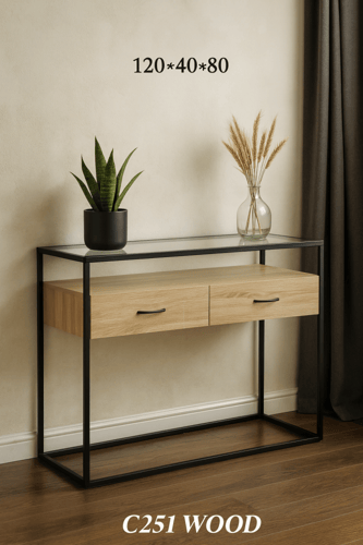 طاولة كونسول خشب مع زجاج وإطار معدني