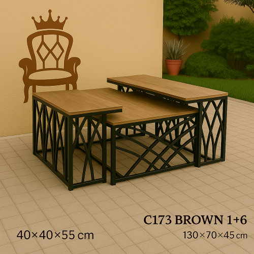 طقم طاولات شاي خشبي - طاولة وسط + 6 طاولات جانبية