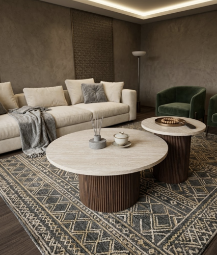 طقم طاولات خدمة بيج وبني قطعتين بتصميم دائري أنيق...