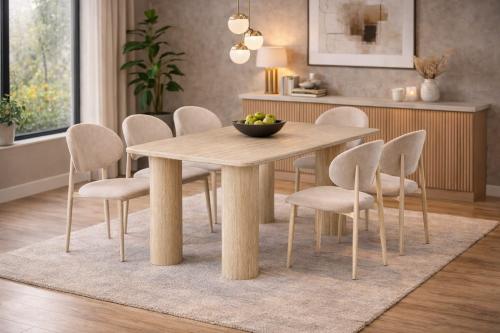 طاولة طعام رخام فاخرة مع كراسي قماش بتصميم عصري أن...