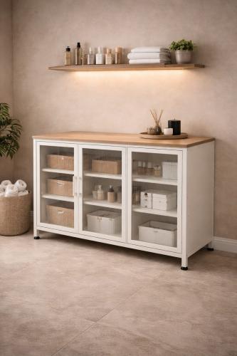 خزانة تخزين متعددة الاستخدام بتصميم عصري وأبواب شف...