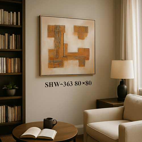 لوحة جدارية فنية مربعة بإطار ذهبي وتجريد هندسي