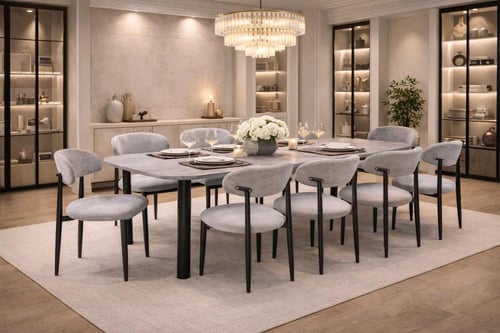 طاولة طعام رخامية فاخرة مع كراسي مخملية – تصميم عص...