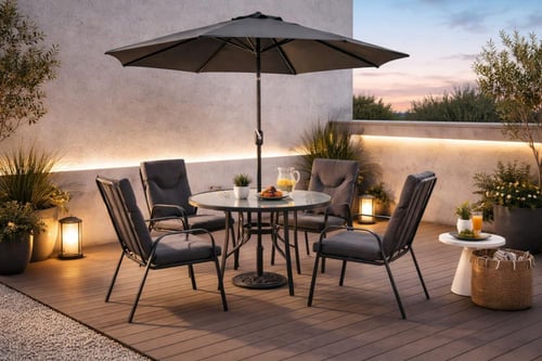 طقم طاولة طعام خارجية مع مظلة وكراسي –متعدد المقاس...