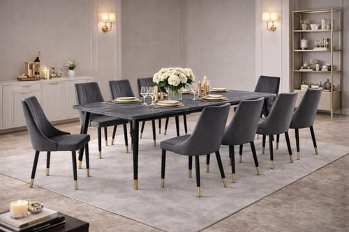 طاولة طعام رخام رمادي مع كراسي مريحة تصميم عصري مق...