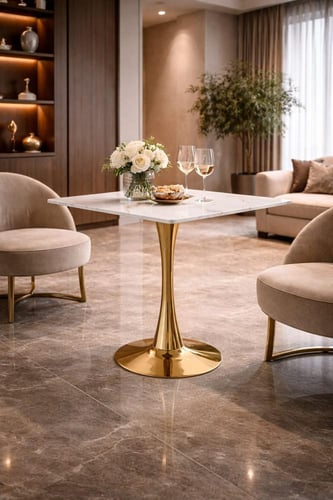 طاولة كافيه سيراميك فاخرة بقاعدة ذهبية دائري ومربع