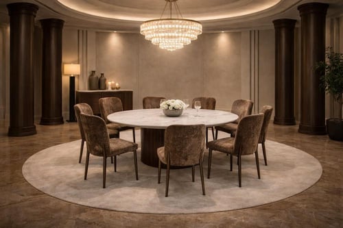 طاولة طعام دائرية رخامية بلون بني دافئ مع كراسي مخ...