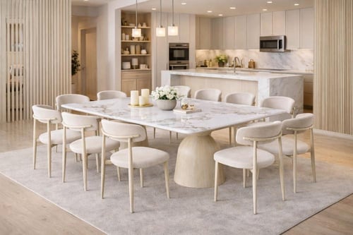 طاولة طعام سيراميك فاخرة بقاعدة منحوتة وكراسي مبطن...