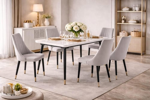 طاولة طعام رخام أبيض مع كراسي مبطنة – تصميم فاخر ي...