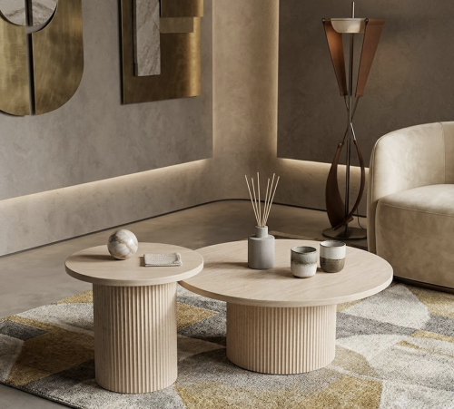 طقم طاولات خدمة بيج قطعتين بتصميم دائري راقي من مو...