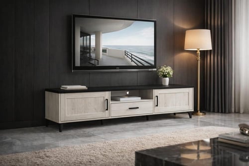 طاولة تلفزيون بلون خشب أبيض مع سطح أسود بتصميم أني...