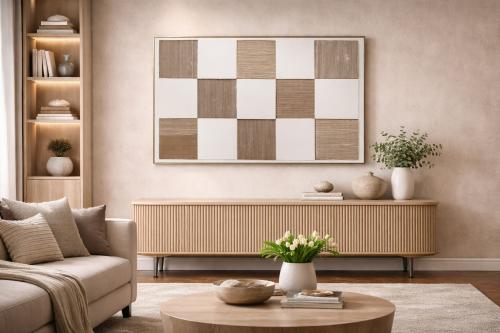 لوحة جدارية هندسية مربعات بتدرجات بيج وبني بإطار ذ...