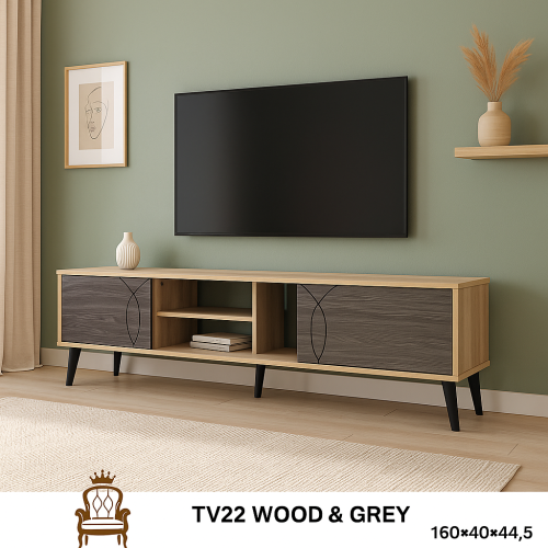 طاولة تلفزيون خشبية بلون رمادي خشبي - متعددة المقا...