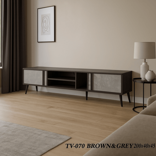 طاولة تلفزيون خشبية بلون رمادي و بني