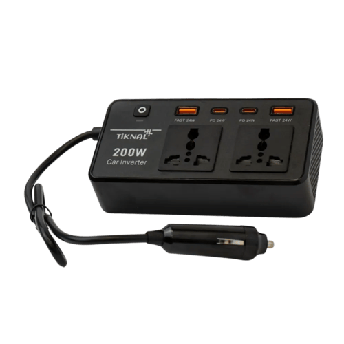 محول سيارة TiKNAL 200 واط مع منافذ AC مزدوجة وUSB/PD رباعية