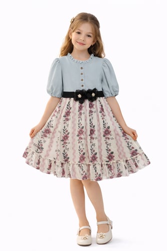 فستان بناتي أنيق بطبعات ورد ناعمة وحزام مزين بالور...