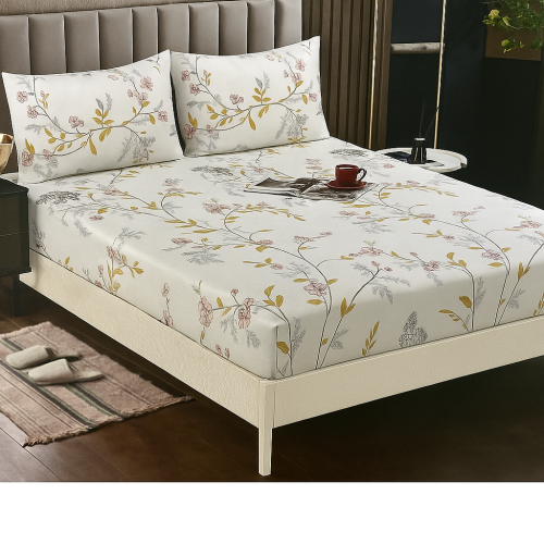 شرشف سرير أبيض مزين بأغصان وزهور ناعمة