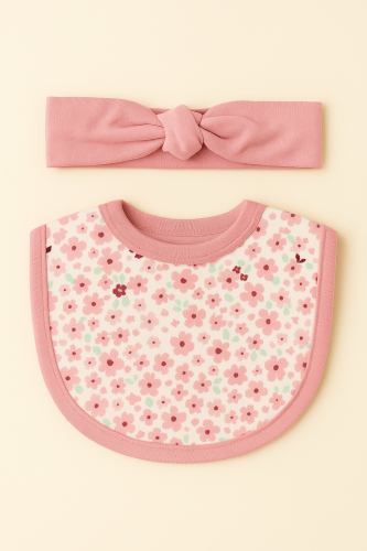 طقم مريلة وربطة رأس بتصميم زهور وردية ناعمة