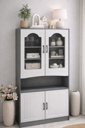 بوفيه عرض أنيق بواجهات زجاجية وتصميم عملي