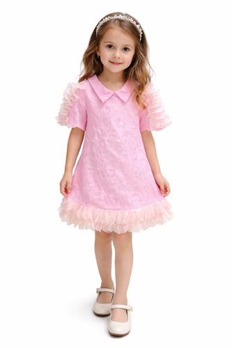 فستان بناتي ناعم باللون الوردي بتطريز راقٍ وكشكش أ...