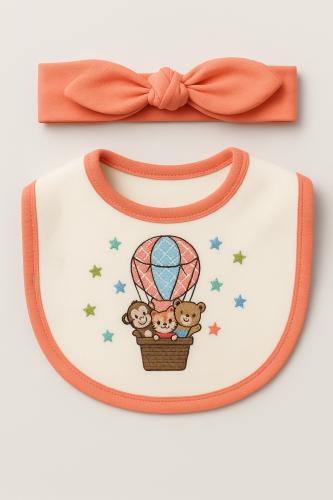 طقم مريلة وعصابة رأس بتطريز منطاد وحيوانات لطيفة