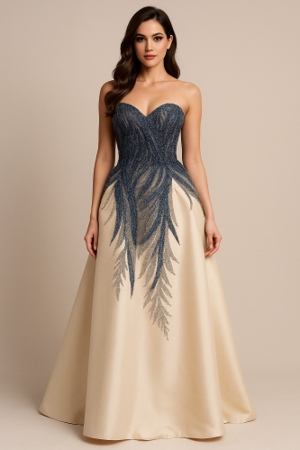 فستان ملكي بلون بيج وتطريز أزرق فاخر