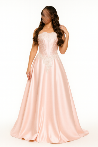 فستان سهرة وردي أنيق بتصميم كورسيه وتطريز ناعم