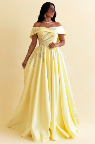 فستان سهرة منفوش بتطريز أنيق وتصميم أوف شولدر