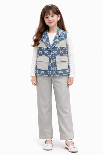 طقم بناتي أنيق بفيست مزين بفيونكات مع بنطلون واسع