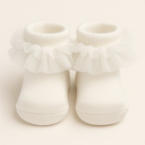 جوارب مواليد بتصميم تول منفوش - وردي وأوف وايت