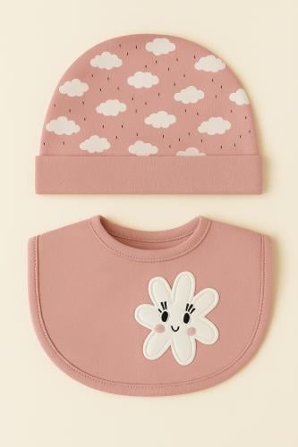 طقم قبعة ومريلة بتصميم غيمة ووردة مبتسمة